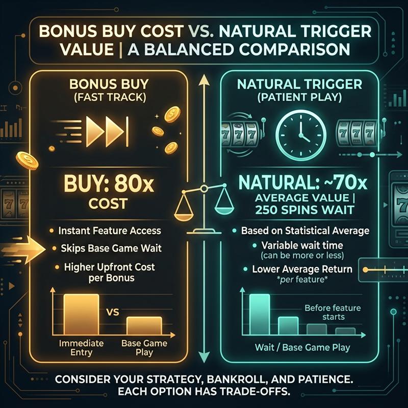 Mathematical comparison of buying bonus features versus natural triggers