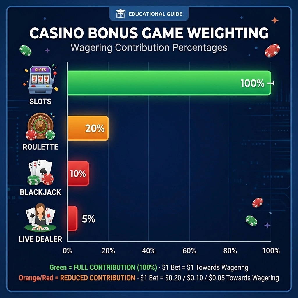 Casino bonus game weighting chart showing slots at 100%, blackjack at 10-20%, and live dealer at 5-10%