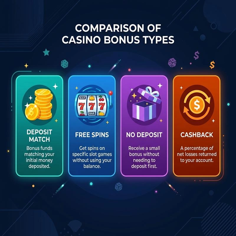 Comparison of casino bonus types: match bonus, no deposit, sticky, cashback, reload, and free spins
