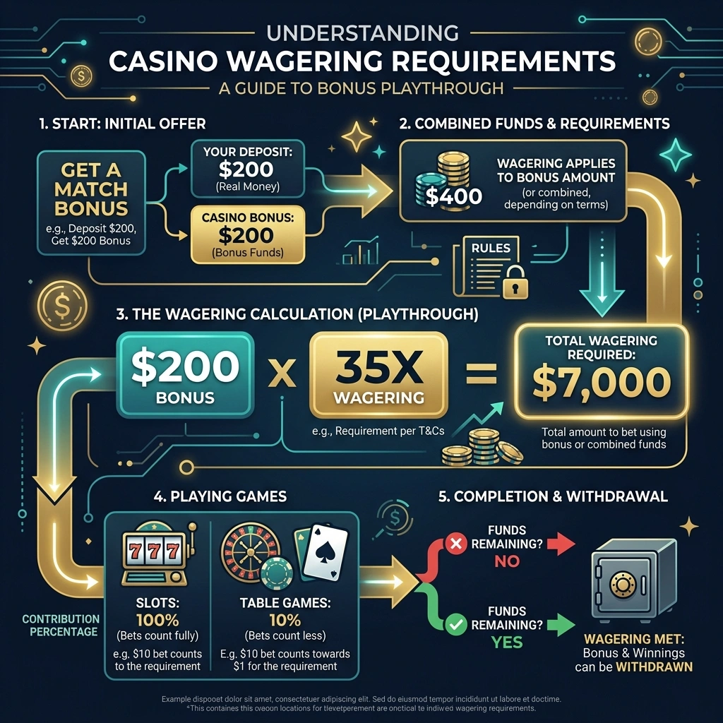 How wagering requirements work: $200 bonus at 35x means $7000 in total bets before withdrawal