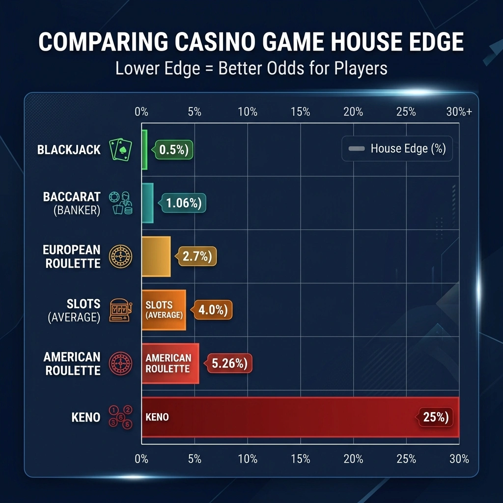 House edge comparison chart across casino games from blackjack 0.5% to keno 25%