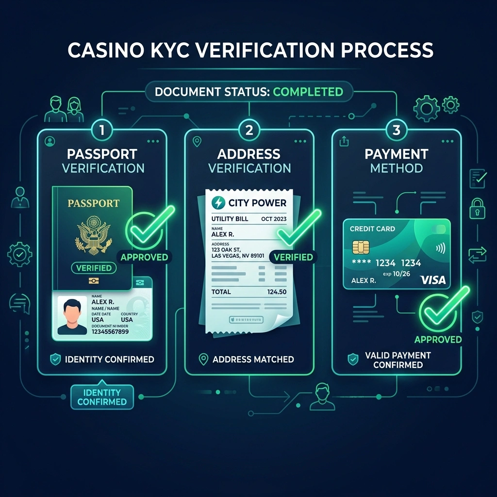 KYC verification document checklist: passport, utility bill, and payment method proof