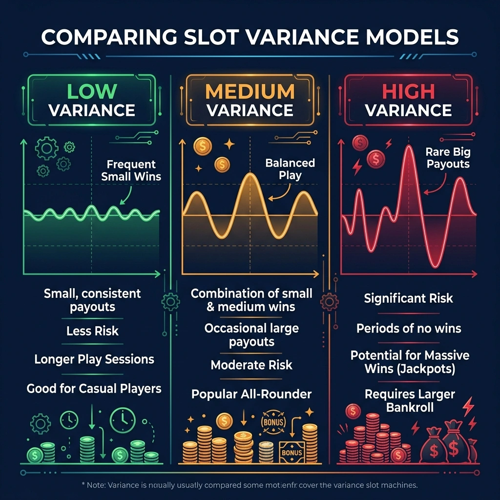 Visual scale showing low, medium, and high variance slot characteristics with example games