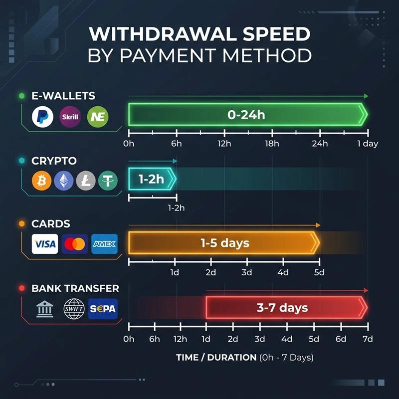 Casino withdrawal speed comparison by payment method: e-wallets minutes, crypto under 1 hour, cards 1-5 days, bank transfer 3-7 days
