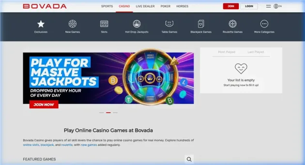 Bovada Casino lobby with slots, Hot Drop Jackpots and table games.