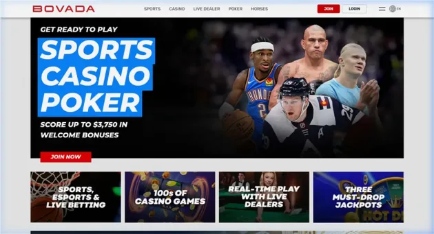 Bovada Casino homepage inside the broader sportsbook and poker portal.