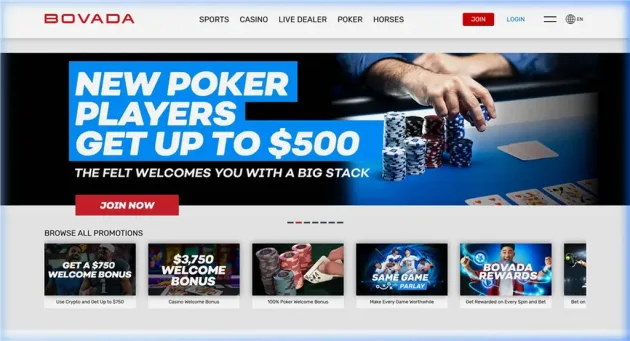 Bovada promotion area with crypto and fiat welcome bonus tracks.