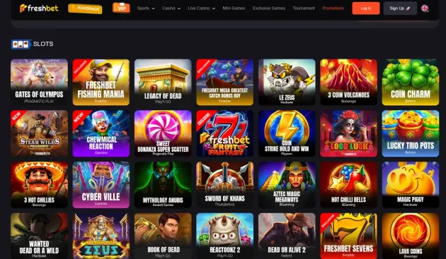 Freshbet casino lobby with slots, exclusive games and mini game categories.