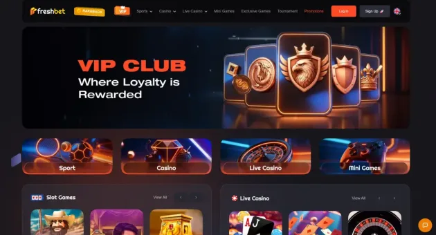Freshbet homepage with casino, sportsbook, VIP and rakeback navigation.