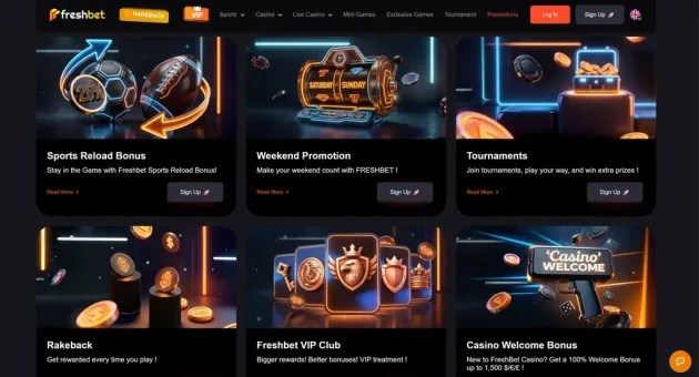 Freshbet promotions page with rakeback, VIP Club and welcome bonus cards.