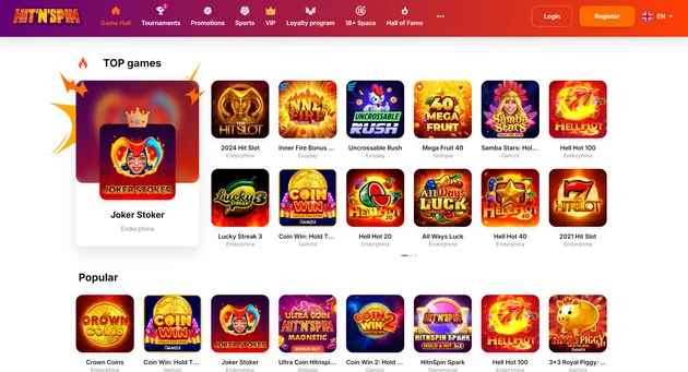 HitNSpin slots page with search, categories and visible provider tags.