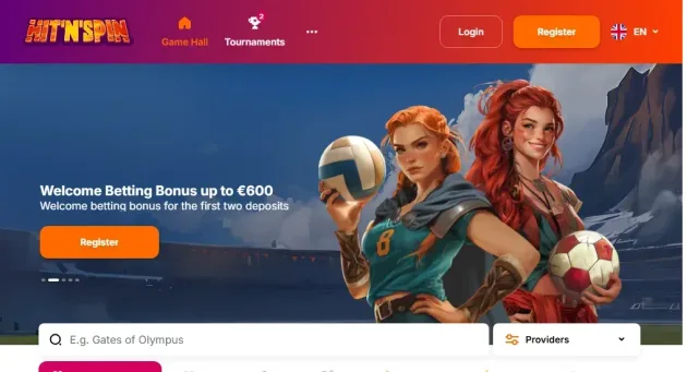 HitNSpin homepage with casino search, welcome banners and provider filters.