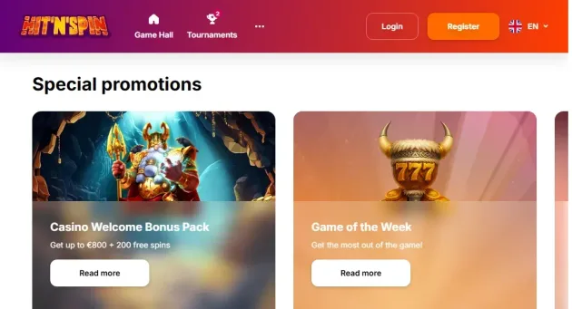 HitNSpin promotions page with welcome, cashback and weekly bonus offers.