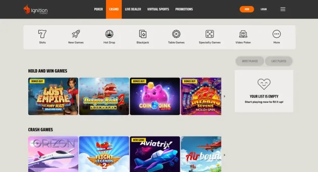 Ignition Casino lobby with slots and live dealer categories.