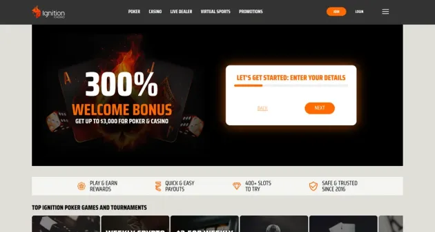 Ignition Casino homepage with poker and casino navigation.