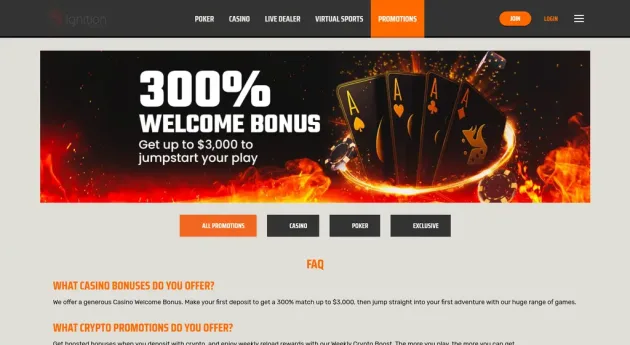 Ignition Casino welcome bonus area with separate casino and poker value.