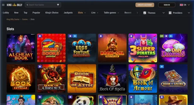 King Billy Casino game lobby with slots, jackpots and live dealer games.
