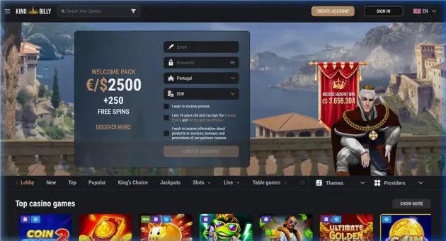 King Billy Casino homepage with medieval theme and casino navigation.