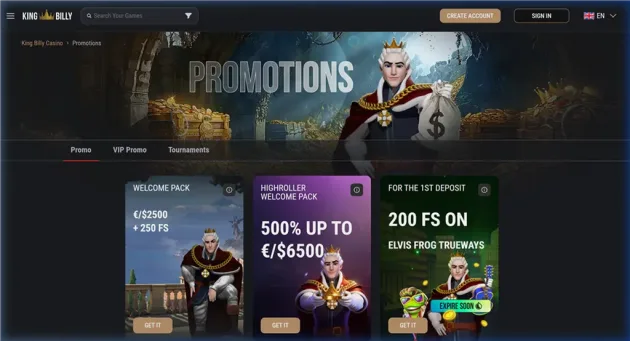 King Billy Casino promotion area with welcome bonus and free spins.