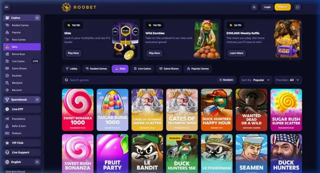 Roobet Originals and provider game lobby.