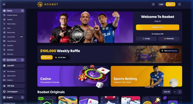Roobet homepage with crypto casino, sportsbook and Originals navigation.
