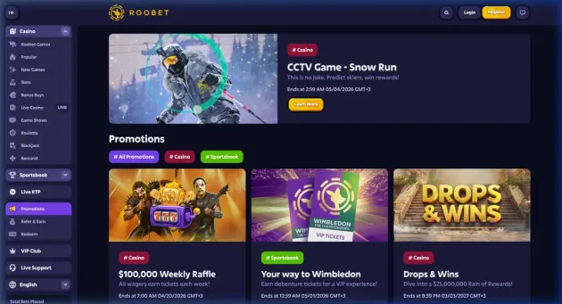Roobet promotions section with spin milestones and Roowards.