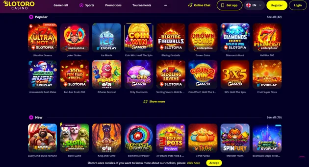 Slotoro slots page with category filters, search and visible game tiles.