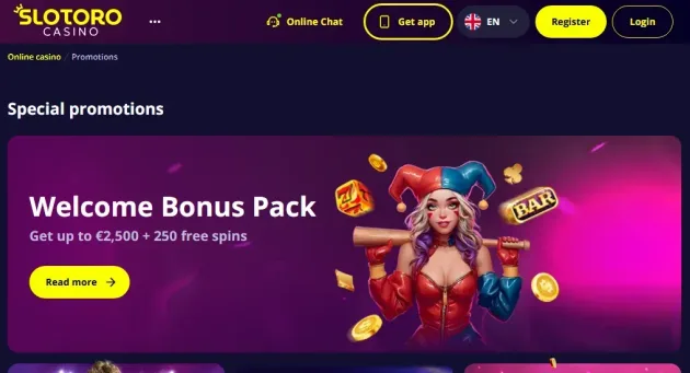 Slotoro promotions page with welcome, cashback, highroller and network offers.