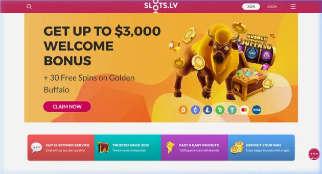 Slots.lv game lobby with RTG slots and Hot Drop Jackpot categories.