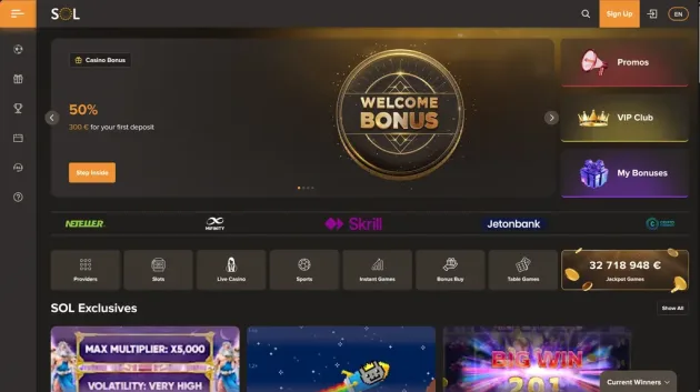 Sol Casino Homepage