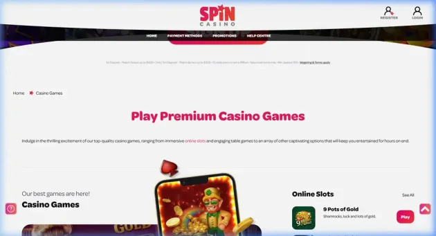 Spin Casino game lobby with slots, jackpots and live casino categories.