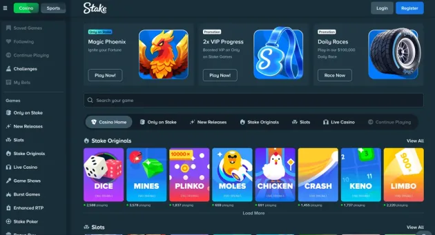 Stake casino lobby with Originals, slots and live casino categories.