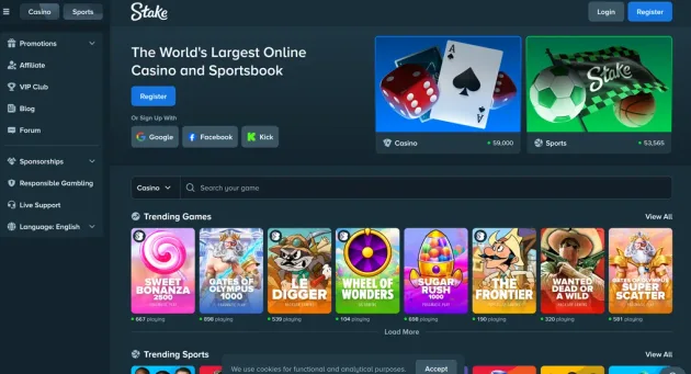 Stake homepage with casino and sportsbook entry points.