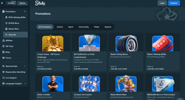 Stake promotions and rewards area with VIP and bonus material.