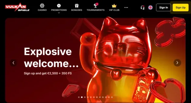 VulkanSpiele slots page with search, provider filters and casino categories.