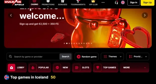 VulkanSpiele homepage with casino navigation, welcome offer and lobby filters.