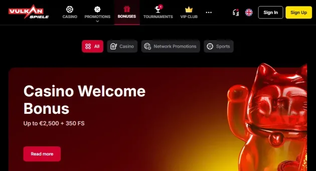VulkanSpiele bonuses page with welcome, reload and cashback promotions.