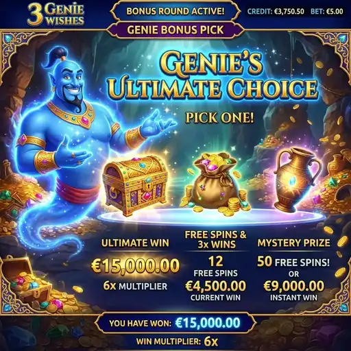 3 Genie Wishes genie bonus selection magic lamp Arabian palace blue green red genie variants