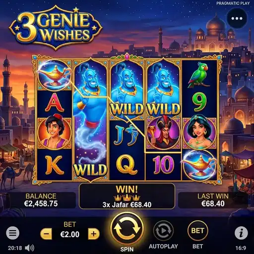 3 Genie Wishes slot with genie symbols and fantasy reels
