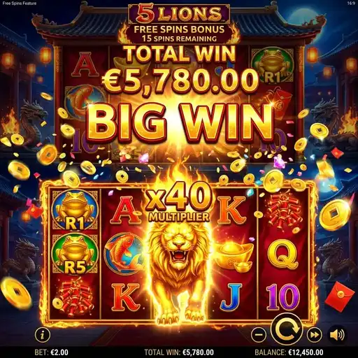 5 Lions free spins multiplier trail gold lion symbol 5x multiplier Chinese temple red lantern