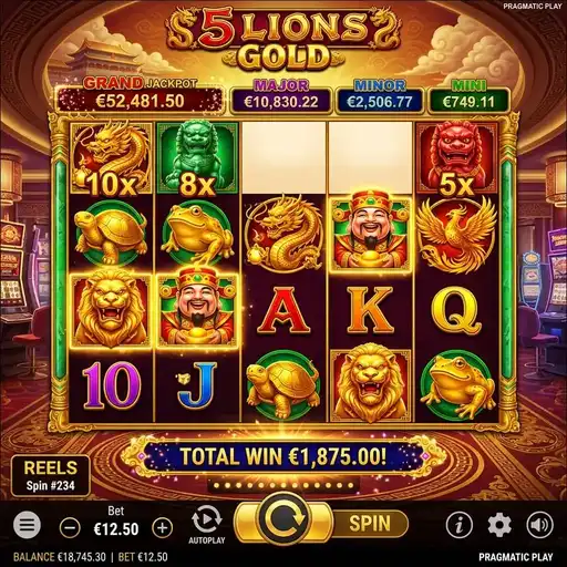 5 Lions Gold slot with Caishen symbols and gold Asian reels