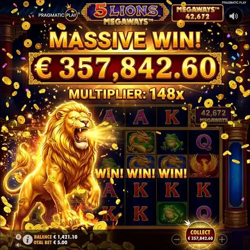 5 Lions Megaways free spins golden lion symbols cascading at high multiplier trail Asian prosperity theme