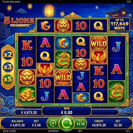 5 Lions Megaways slot 6 reel 117649 ways Asian Chinese theme golden lions cascading wins multiplier trail