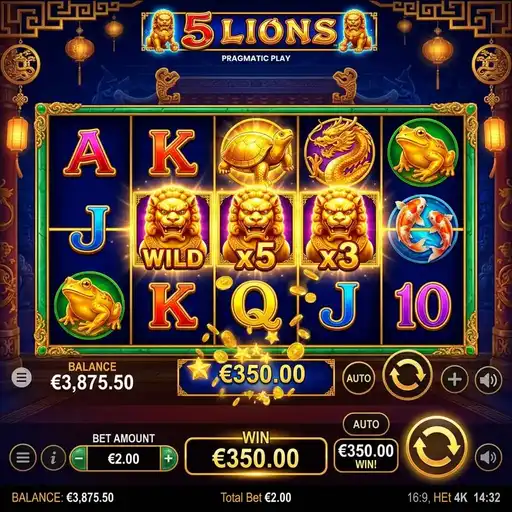 5 Lions slot 5x3 grid 243 ways Asian guardian lion foo dog Chinese temple multiplier free spins