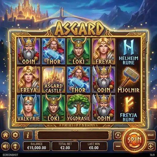 Asgard Norse mythology slot with three goddess free spins modes on rainbow bridge backdrop