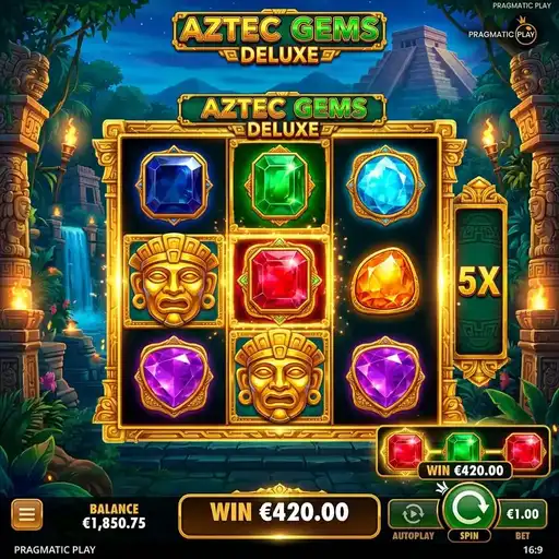 Aztec Gems Deluxe slot 5x3 grid 10 paylines Aztec expanded free spins wilds conventional upgrade