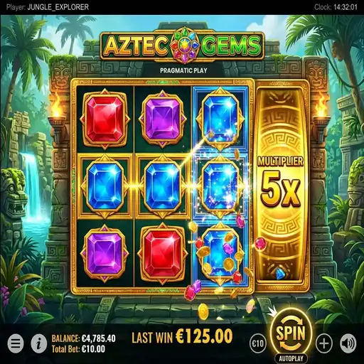 Aztec Gems slot with 3x3 temple grid and gem symbols
