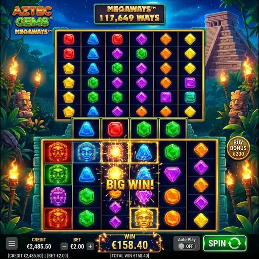 Aztec Gems Megaways slot 6 reel variable grid low volatility gem collection Aztec temple theme cascading wins