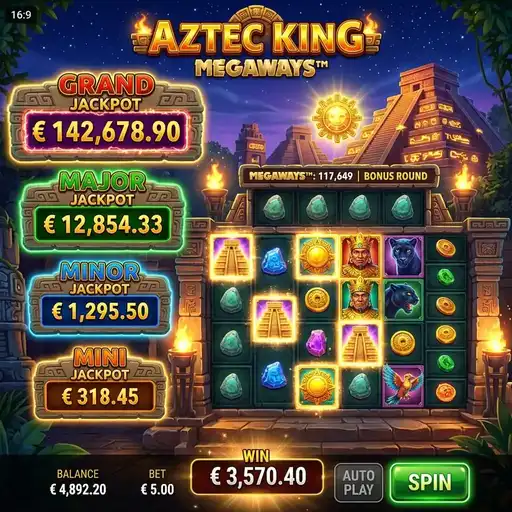 Aztec King Megaways free spins expanded king symbol covering reel progressive multiplier Aztec temple cascading