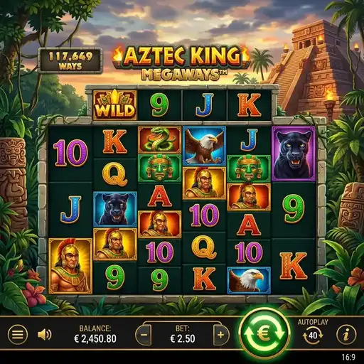 Aztec King Megaways slot 6 reel variable grid Aztec temple theme progressive multiplier high volatility cascading